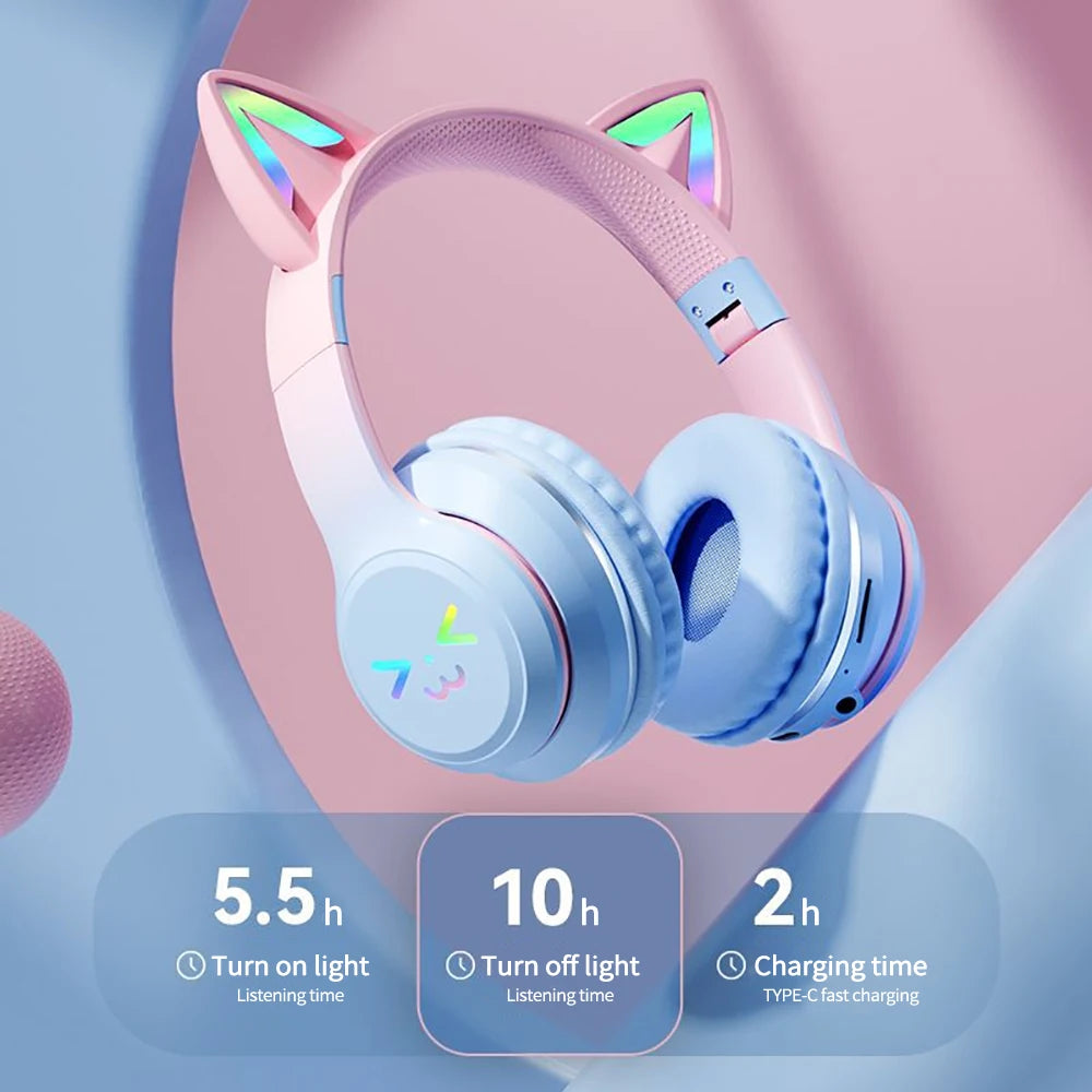 Gradient wireless Headphones RGB cute cat ear Bluetooth Earphones with microphone Stereo Music Game Earphone Girls Kids Gifts