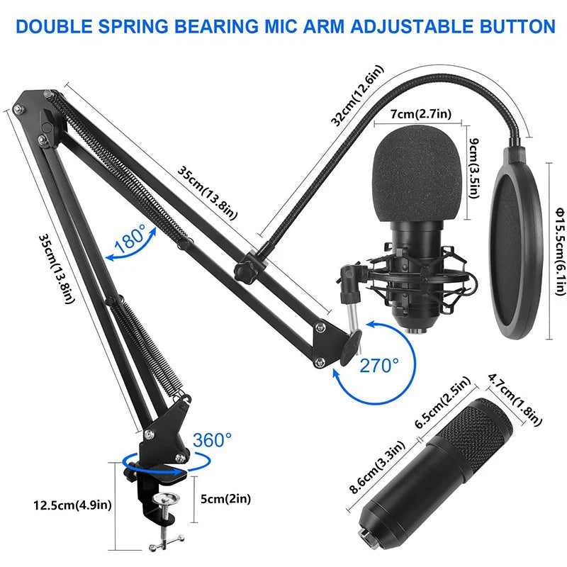 New BM800 Microphone Kits with Live Sound Card(Optional),Suspension Scissor Arm,Shock Mount and Pop Filter for Studio Recording