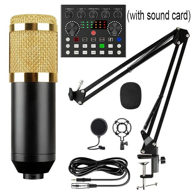 New BM800 Microphone Kits with Live Sound Card(Optional),Suspension Scissor Arm,Shock Mount and Pop Filter for Studio Recording